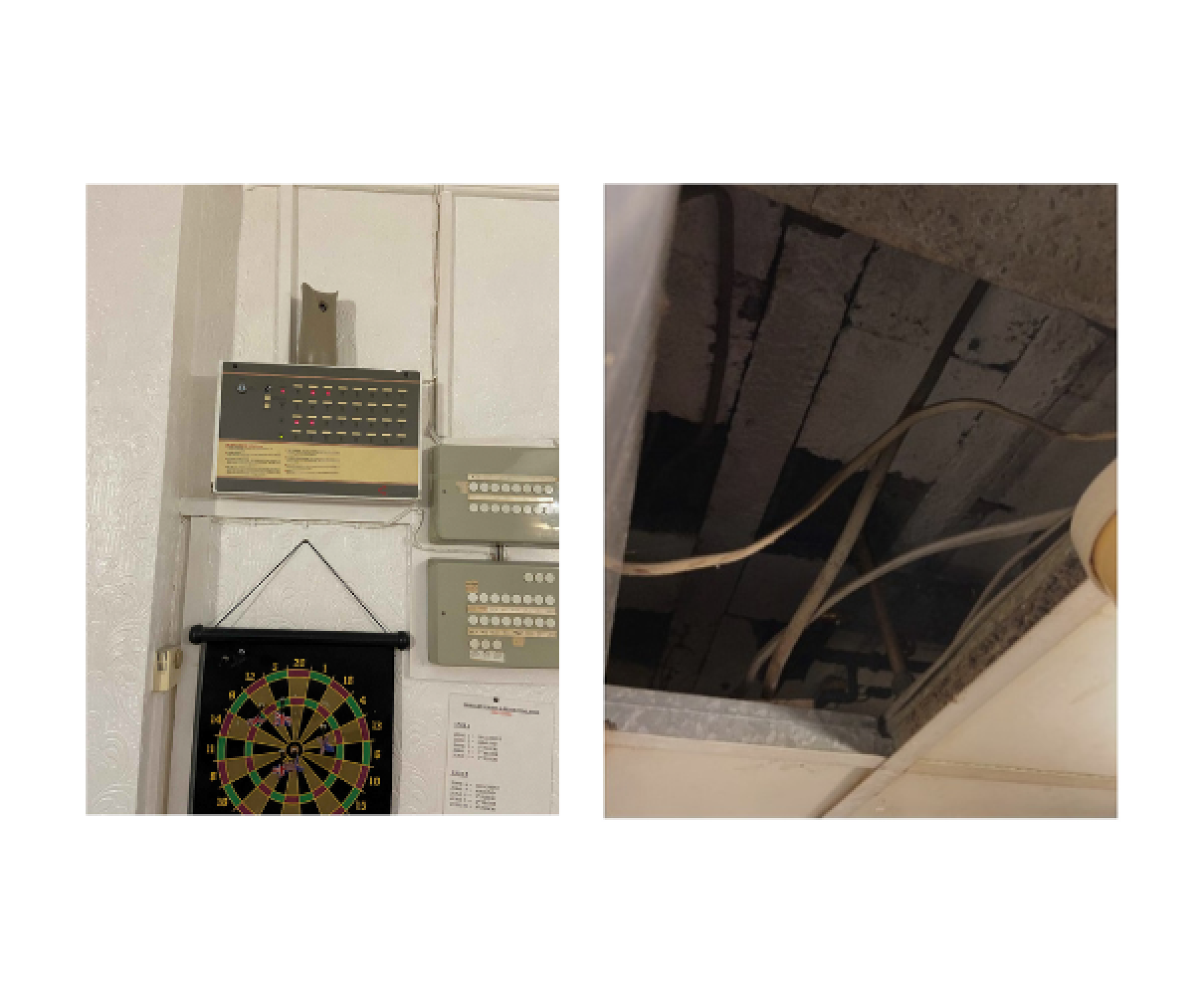 Image 1 shows a fire repeater panel. Image 2 shows an open ceiling panel with exposed wires.